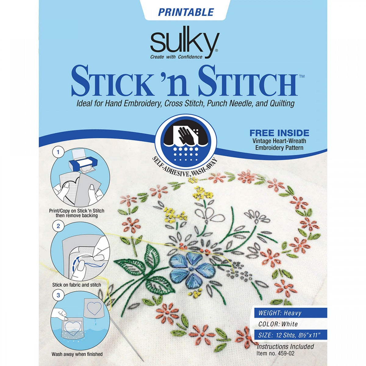 Stick N Stitch Self Adhesive Wash Away Stabilizer Twelve sheets of 8-1/2 x 11