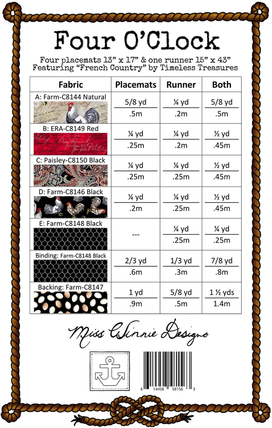 Four O'Clock Placemat and Runner Pattern