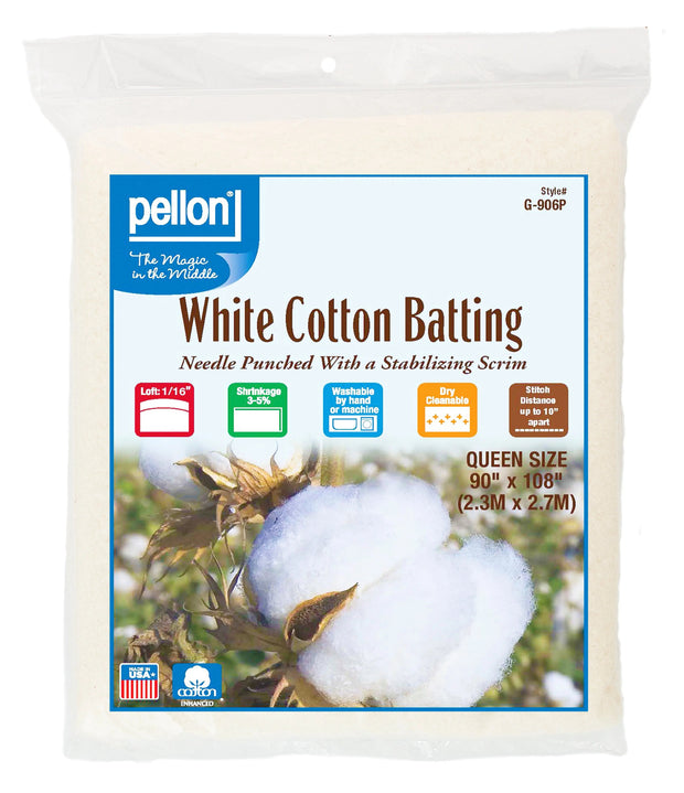 Pellon® White Cotton Batting With Scrim  90" x 108" Queen Size Package.