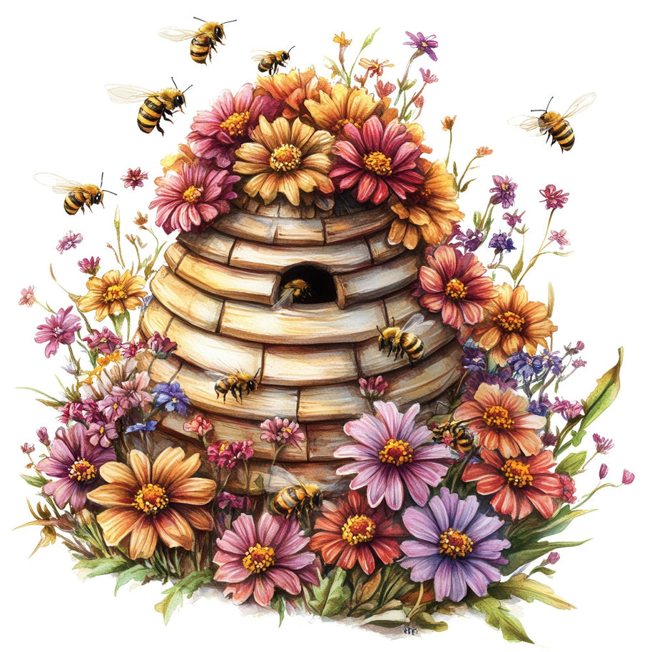 Rustic Beehive with Flowers Fabric Panel 10