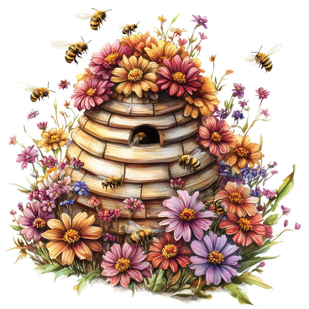 Rustic Beehive with Flowers Fabric Panel 10