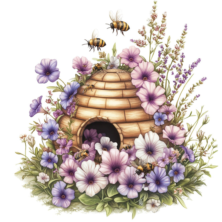 Rustic Beehive with Flowers Fabric Panel 11
