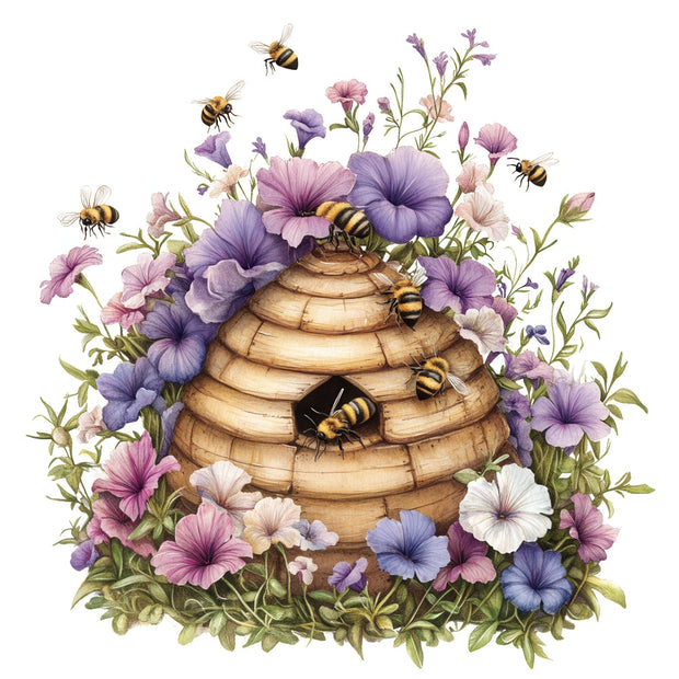 Rustic Beehive with Flowers Fabric Panel 13