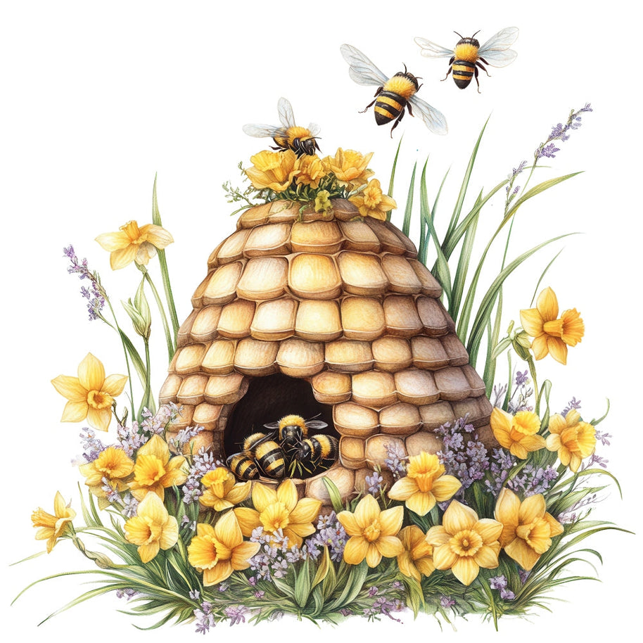 Rustic Beehive with Flowers Fabric Panel 15