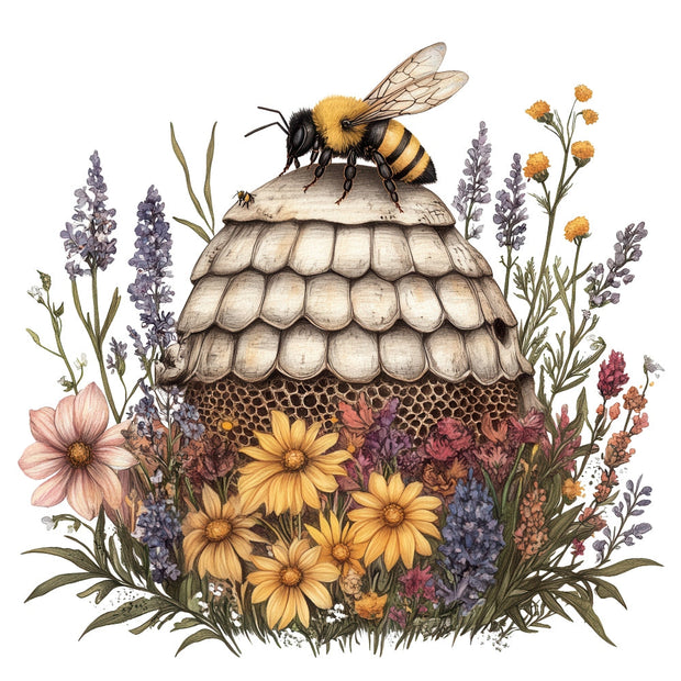 Rustic Beehive with Flowers Fabric Panel 31