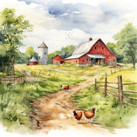 Watercolor Farm Life Fabric Panel 10