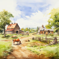 Watercolor Farm Life Fabric Panel 11