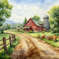 Watercolor Farm Life Fabric Panel 1