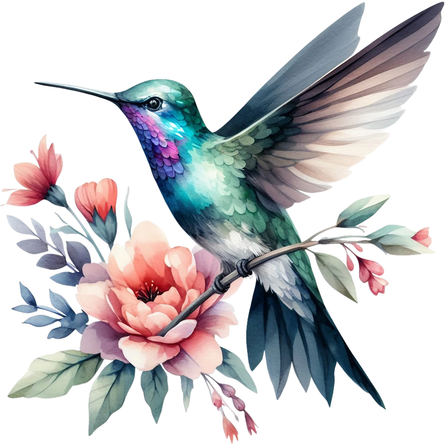 Watercolor Hummingbird Floral Fabric Panel 1
