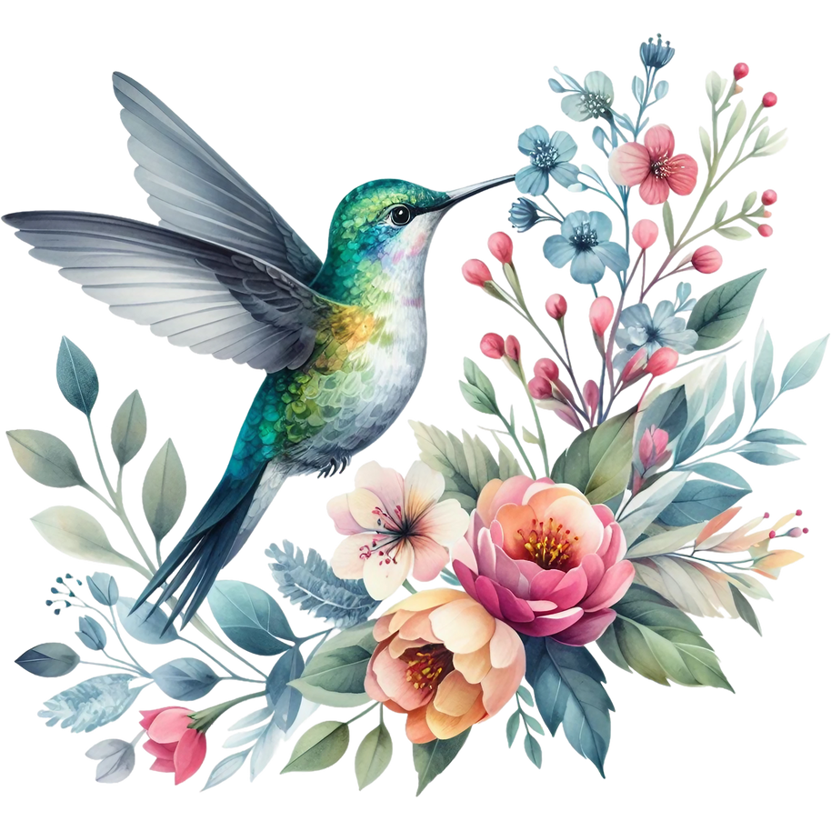 Watercolor Hummingbird Floral Fabric Panel 10