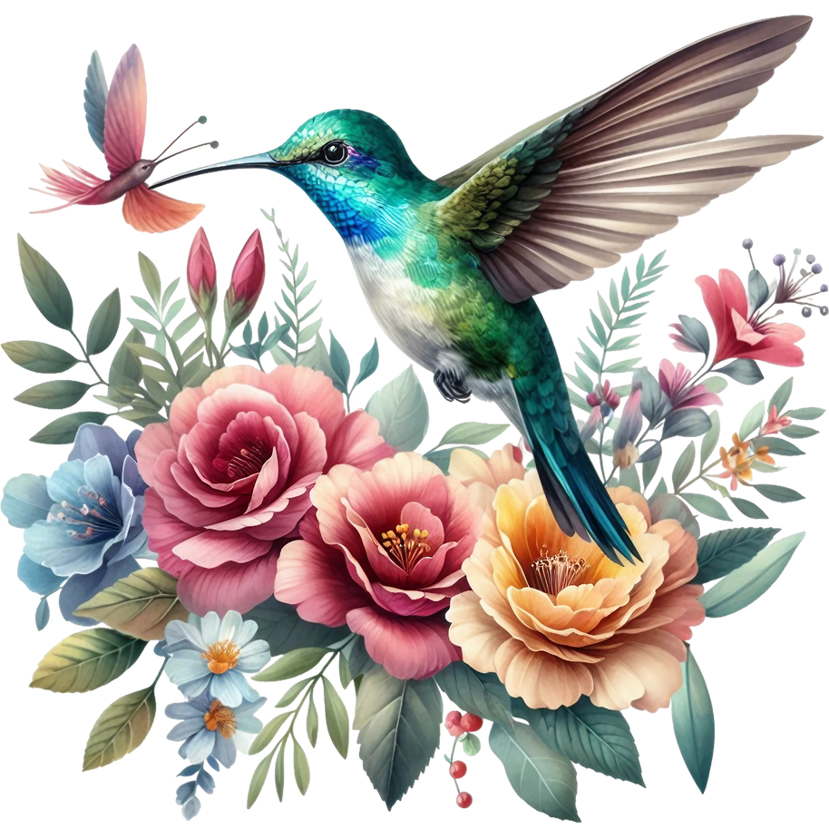 Watercolor Hummingbird Floral Fabric Panel 11