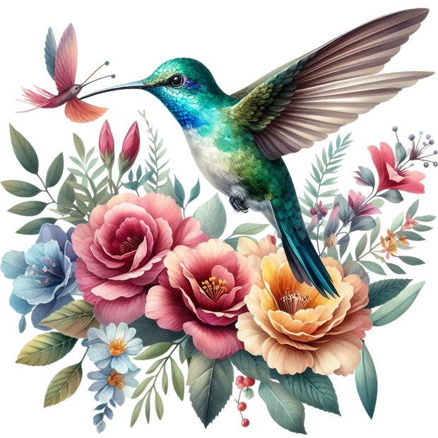 Watercolor Hummingbird Floral Fabric Panel 11