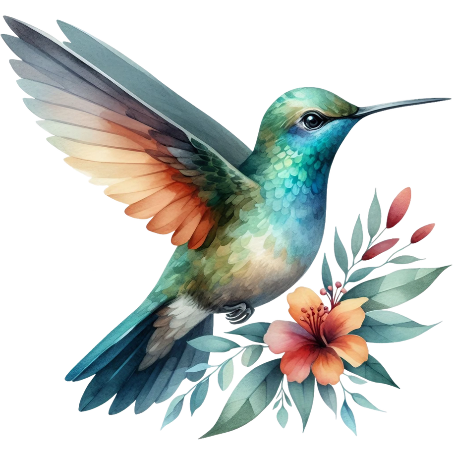Watercolor Hummingbird Floral Fabric Panel 12