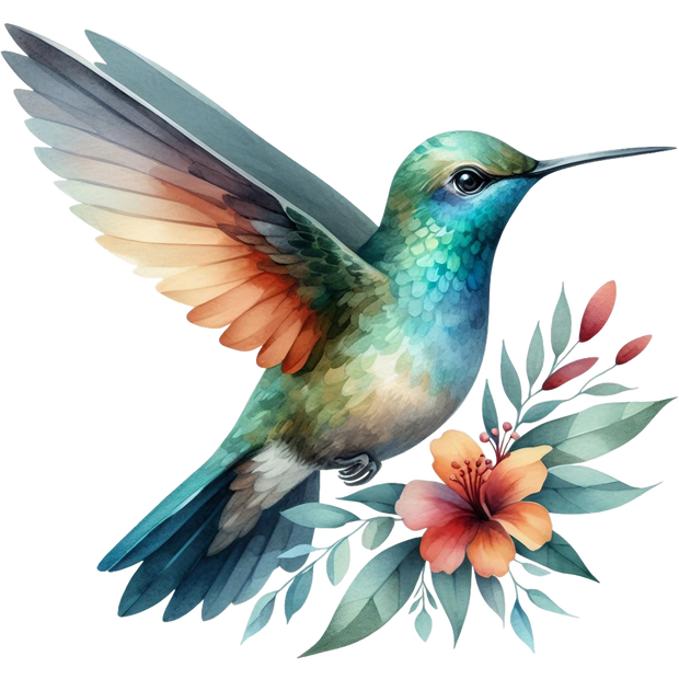 Watercolor Hummingbird Floral Fabric Panel 12