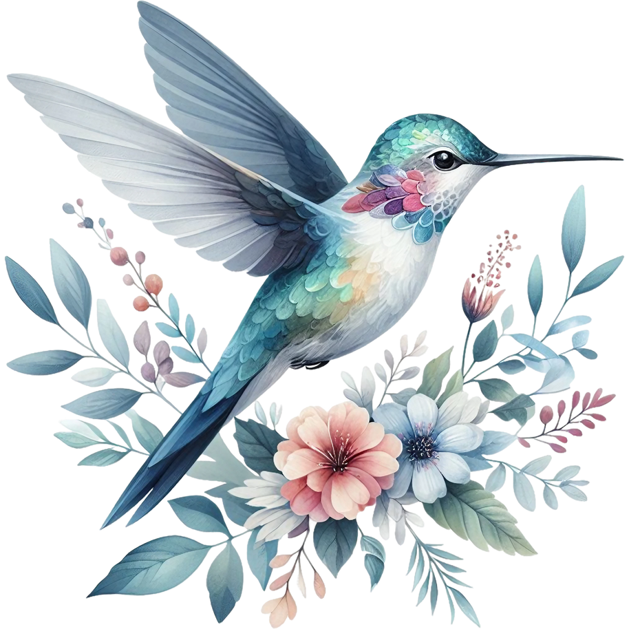 Watercolor Hummingbird Floral Fabric Panel 15