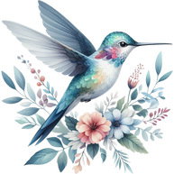 Watercolor Hummingbird Floral Fabric Panel 15