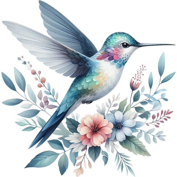 Watercolor Hummingbird Floral Fabric Panel 15