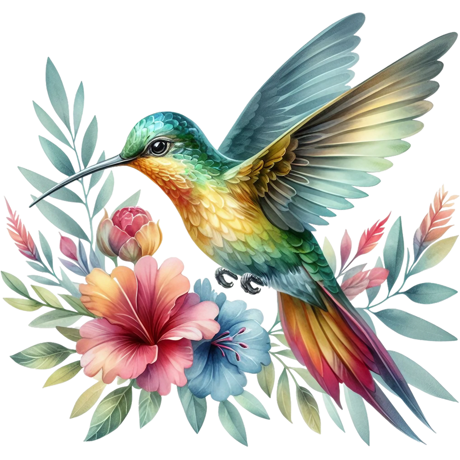 Watercolor Hummingbird Floral Fabric Panel 16