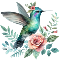 Watercolor Hummingbird Floral Fabric Panel 17