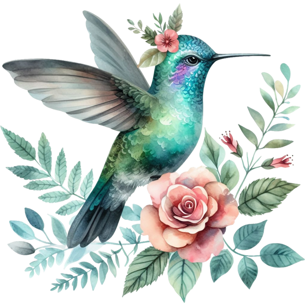 Watercolor Hummingbird Floral Fabric Panel 17