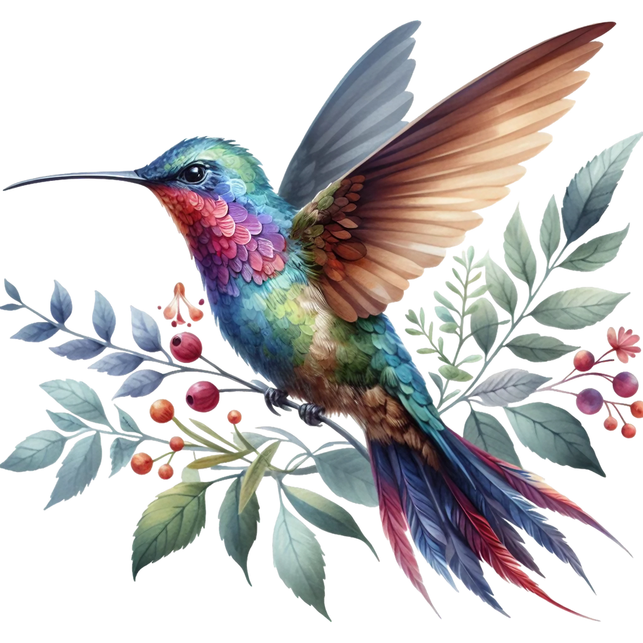 Watercolor Hummingbird Floral Fabric Panel 18