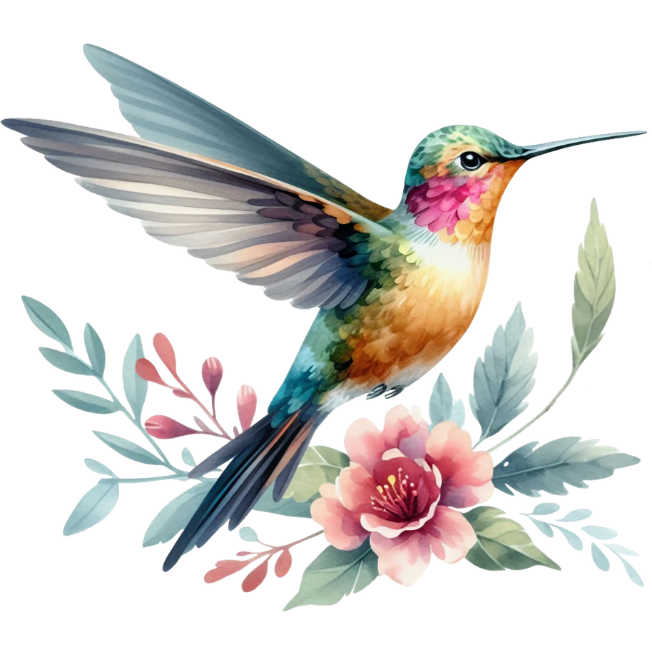Watercolor Hummingbird Floral Fabric Panel 19