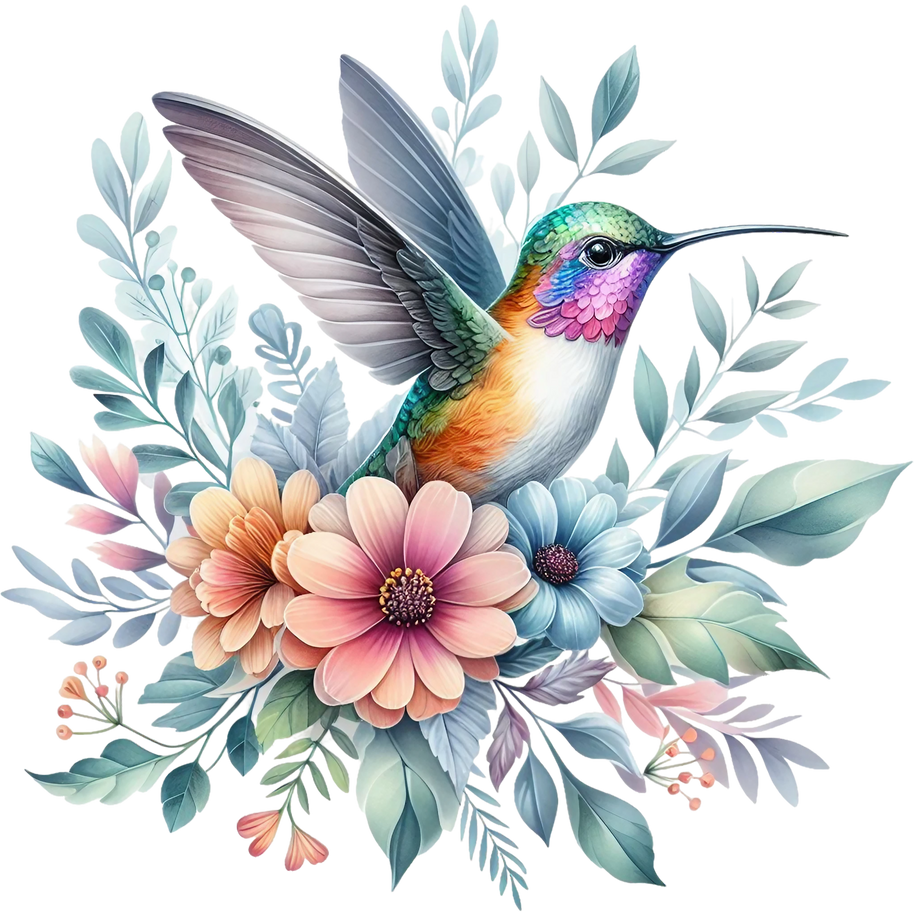 Watercolor Hummingbird Floral Fabric Panel 22