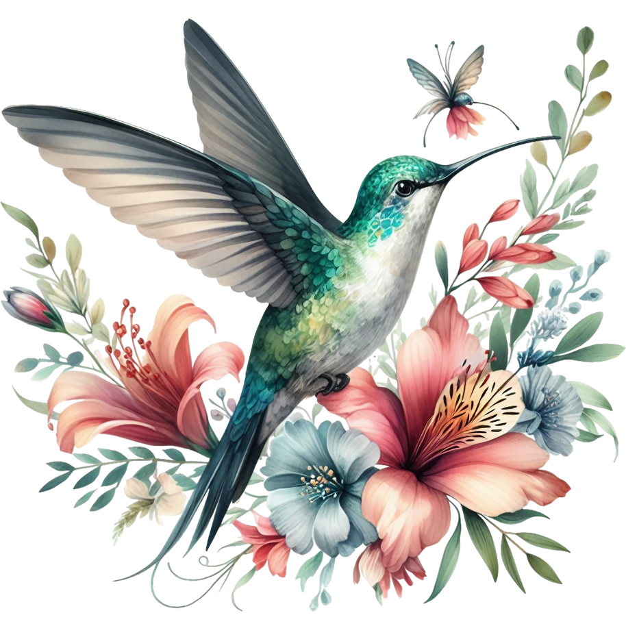 Watercolor Hummingbird Floral Fabric Panel 23