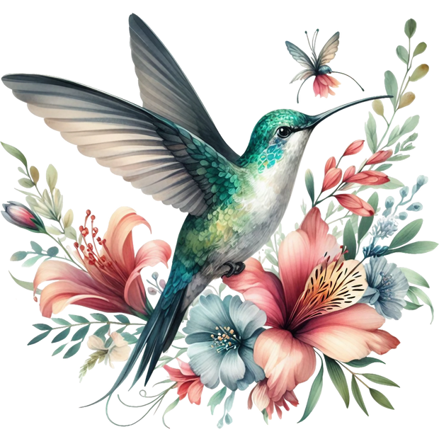 Watercolor Hummingbird Floral Fabric Panel 23
