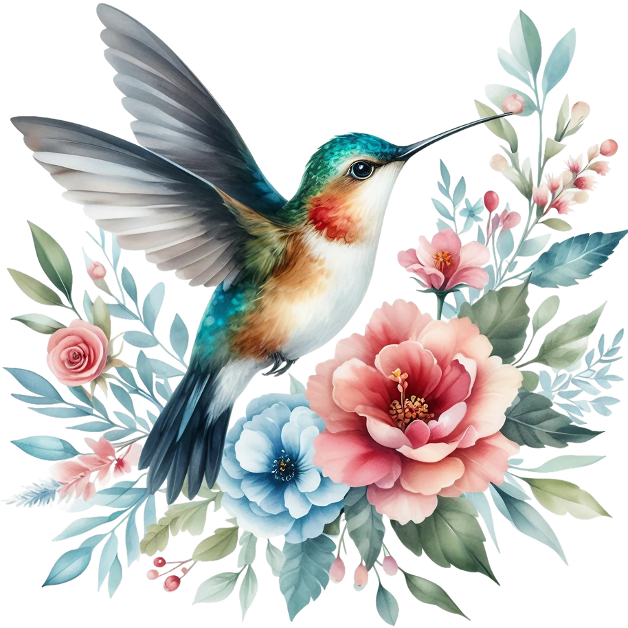 Watercolor Hummingbird Floral Fabric Panel 24