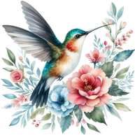 Watercolor Hummingbird Floral Fabric Panel 24