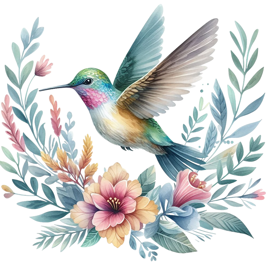 Watercolor Hummingbird Floral Fabric Panel 26