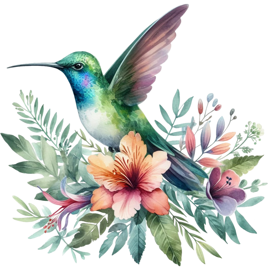 Watercolor Hummingbird Floral Fabric Panel 27