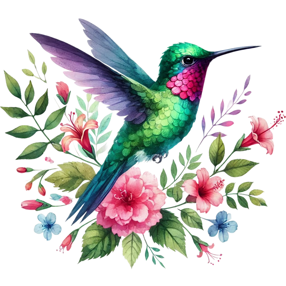 Watercolor Hummingbird Floral Fabric Panel 29