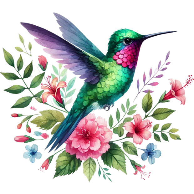 Watercolor Hummingbird Floral Fabric Panel 29