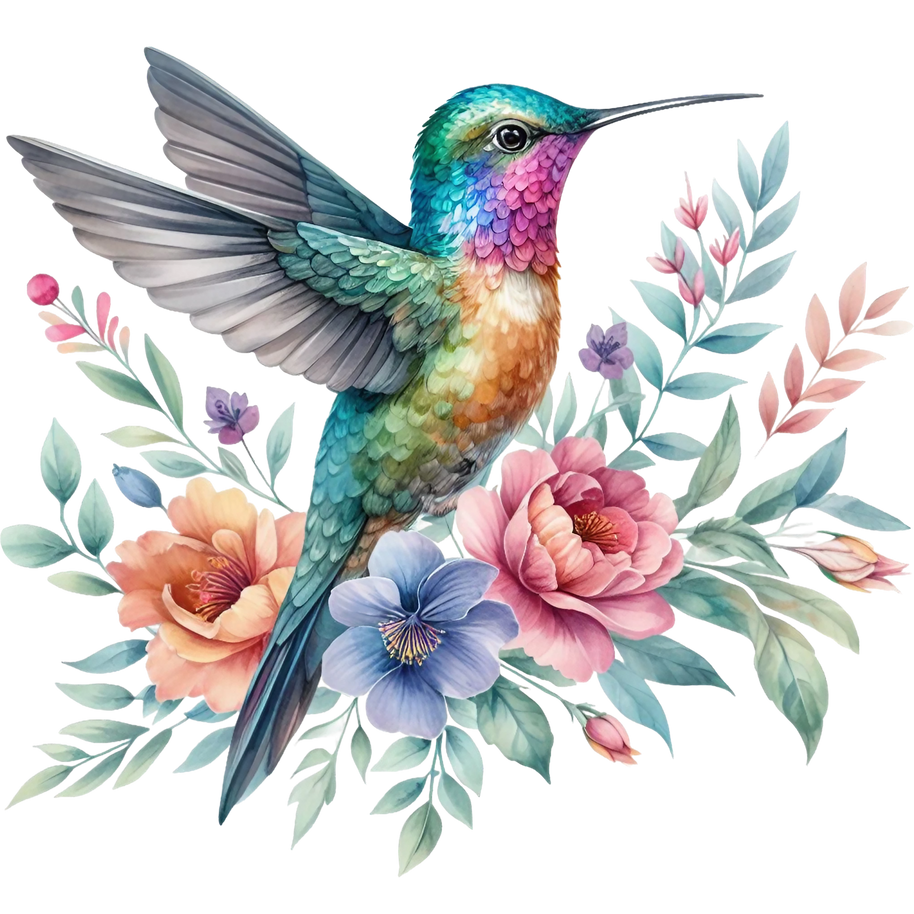 Watercolor Hummingbird Floral Fabric Panel 3