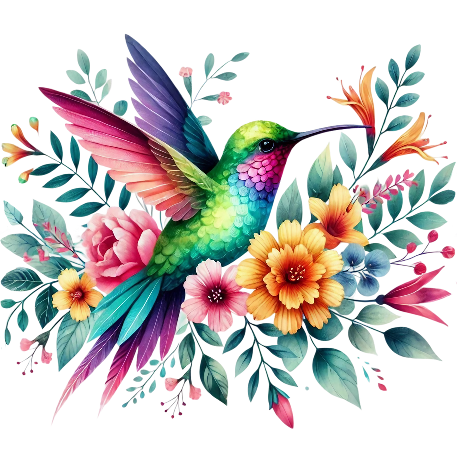 Watercolor Hummingbird Floral Fabric Panel 30