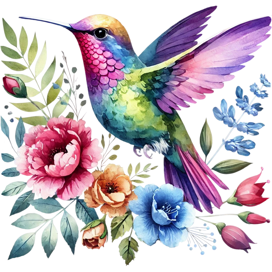 Watercolor Hummingbird Floral Fabric Panel 31