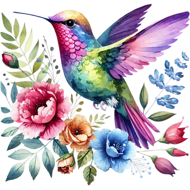 Watercolor Hummingbird Floral Fabric Panel 31