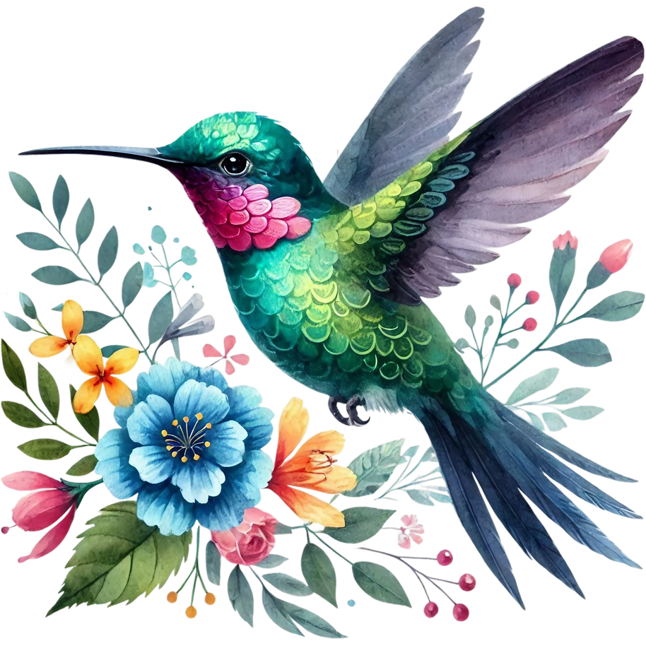 Watercolor Hummingbird Floral Fabric Panel 33