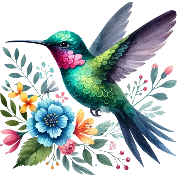 Watercolor Hummingbird Floral Fabric Panel 33