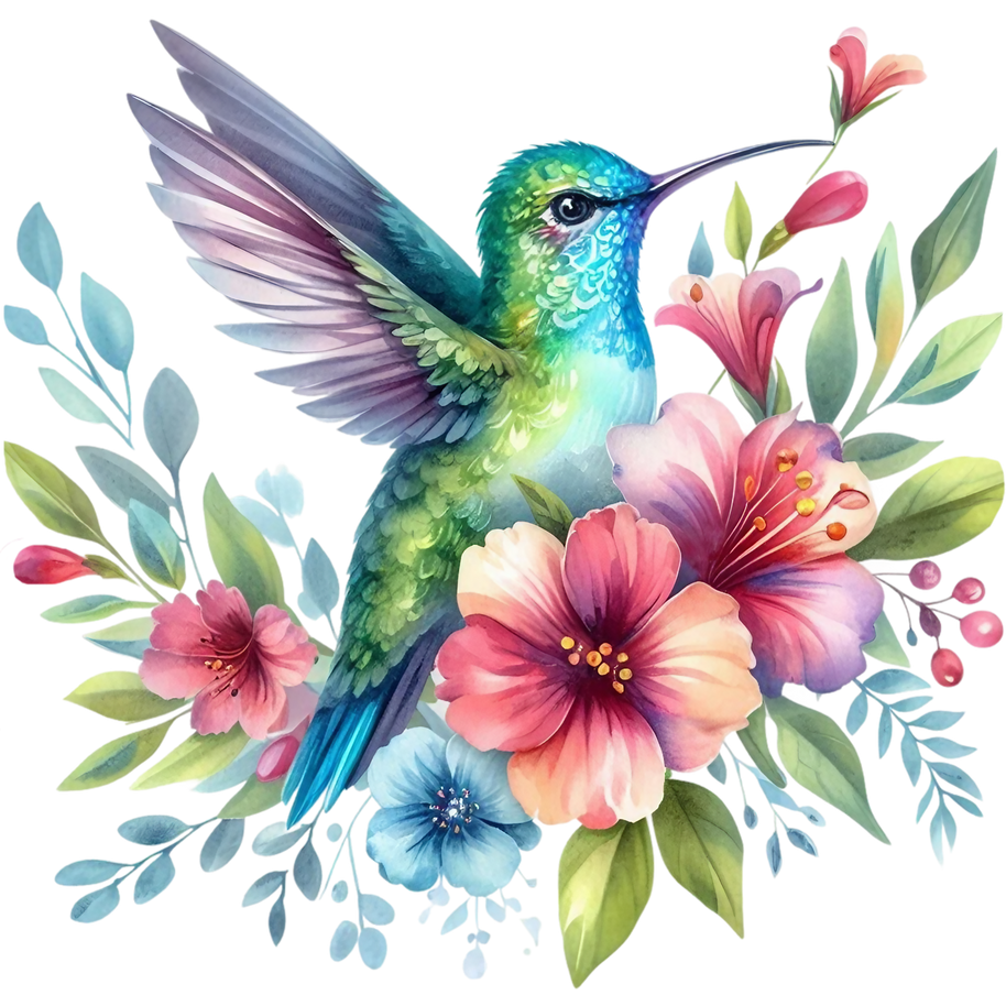 Watercolor Hummingbird Floral Fabric Panel 34