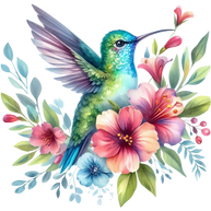 Watercolor Hummingbird Floral Fabric Panel 34
