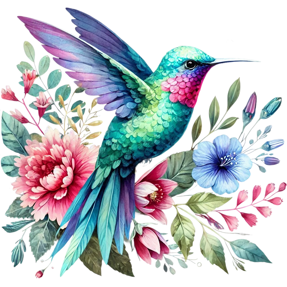 Watercolor Hummingbird Floral Fabric Panel 35