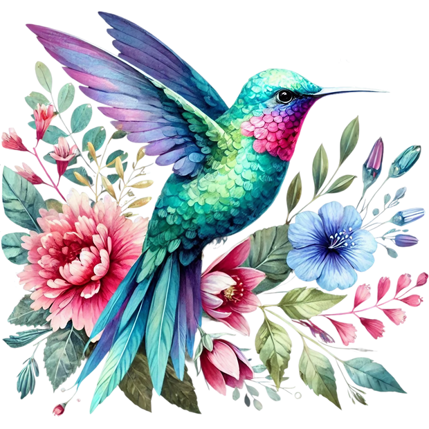 Watercolor Hummingbird Floral Fabric Panel 35