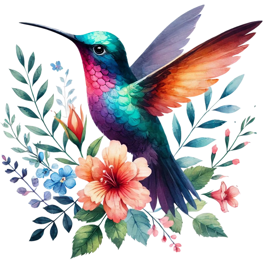Watercolor Hummingbird Floral Fabric Panel 36
