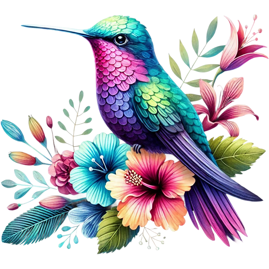 Watercolor Hummingbird Floral Fabric Panel 37