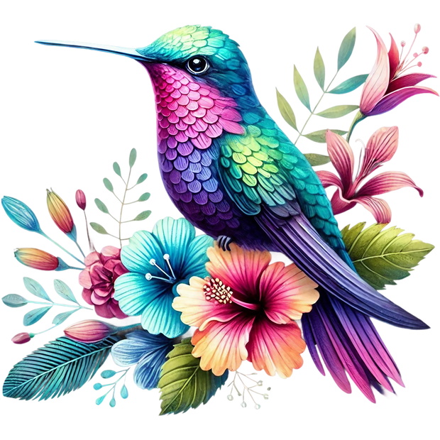 Watercolor Hummingbird Floral Fabric Panel 37