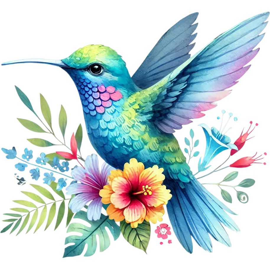 Watercolor Hummingbird Floral Fabric Panel 38