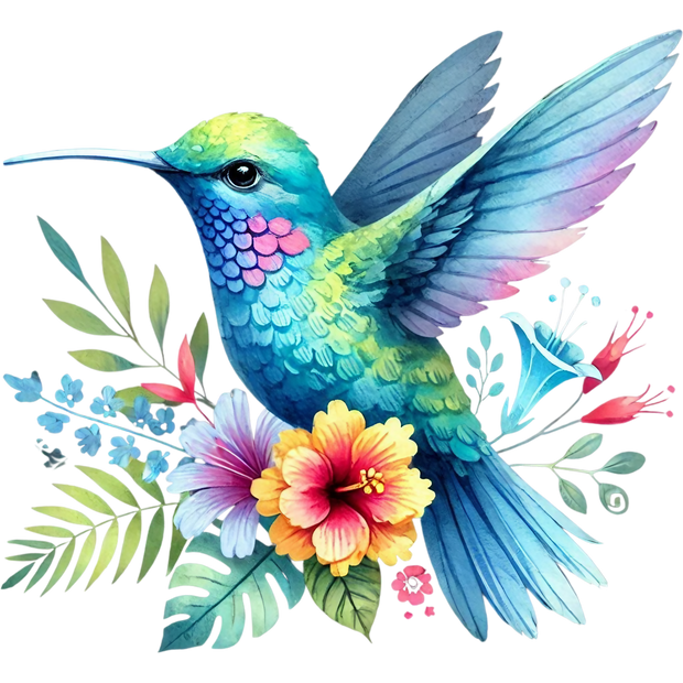 Watercolor Hummingbird Floral Fabric Panel 38
